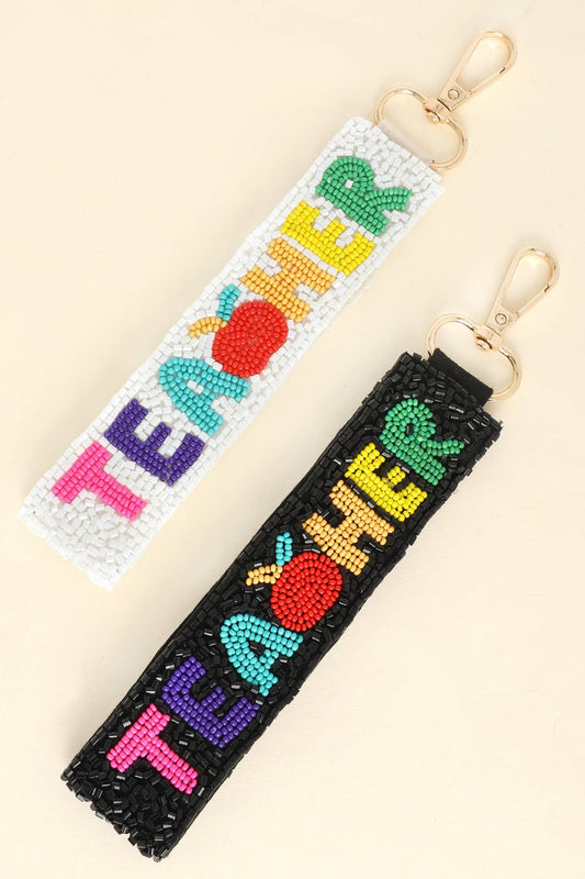 Teacher Long Strip Lettering Beaded Keychain - Pink