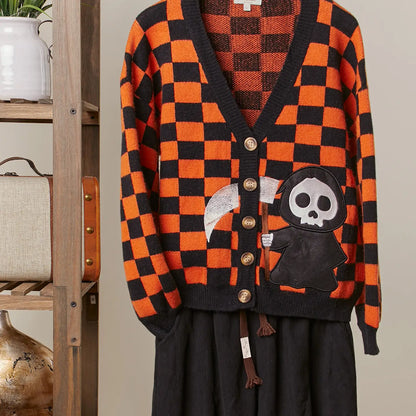 Checkerboard V-Neck Cardigan with Reaper Patch- COMNG SOON