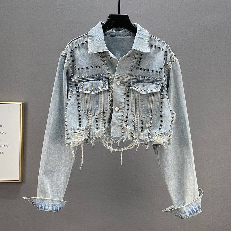 Distressed Studded Cropped Denim Jacket - Light Denim