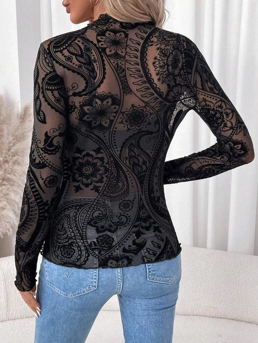 Velvet Paisley Print Mesh Top