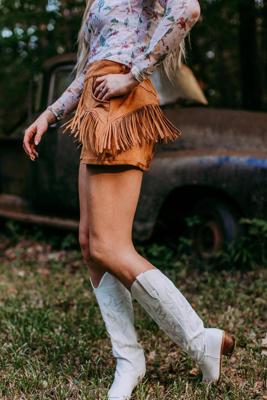 Holy Moly Vegan Suede Fringe Shorts - Brown