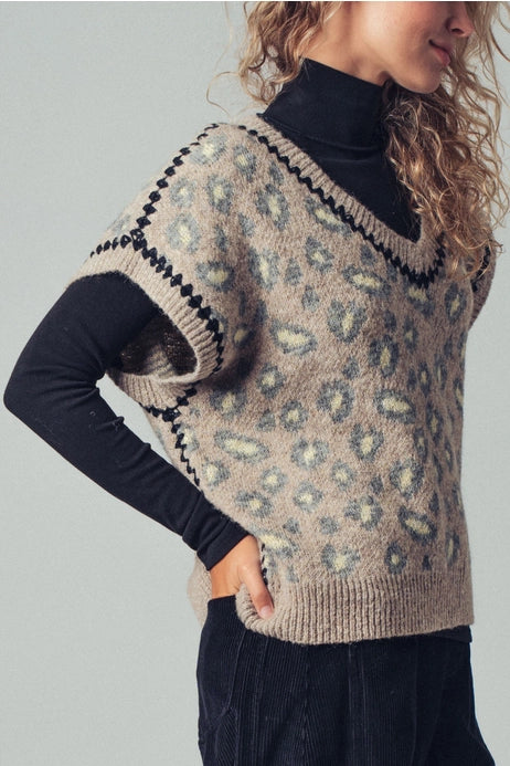 Leopard Crochet Trim Sweater Vest