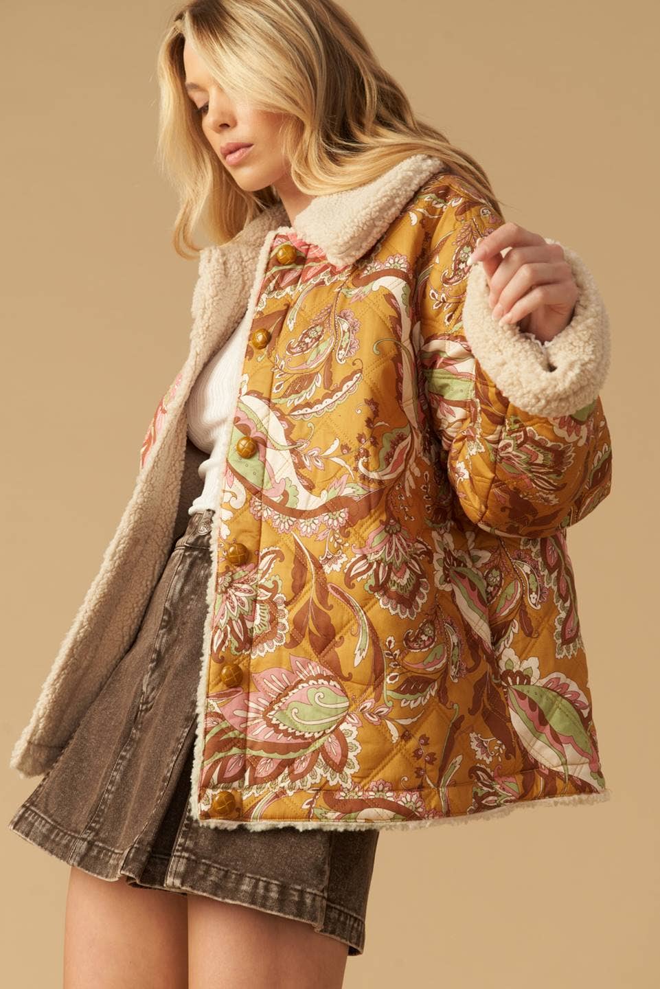 Printed Quilted Sherpa Lined Jacket