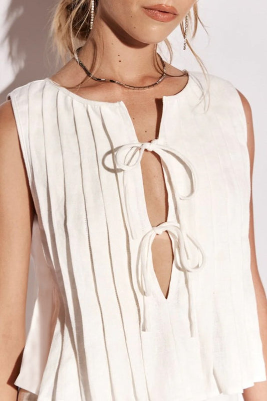 Pleated Bow Tie Front Sleeveless Top