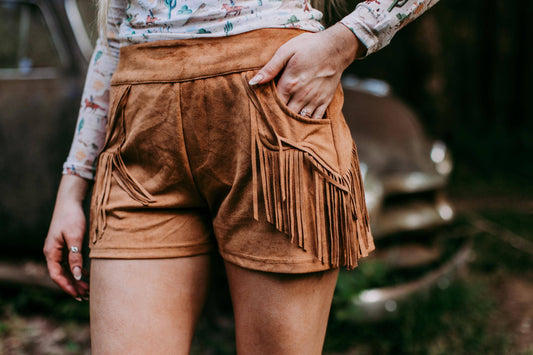 Holy Moly Vegan Suede Fringe Shorts - Brown