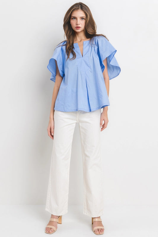 Solid Blue Flutter Sleeve Split Neck Top