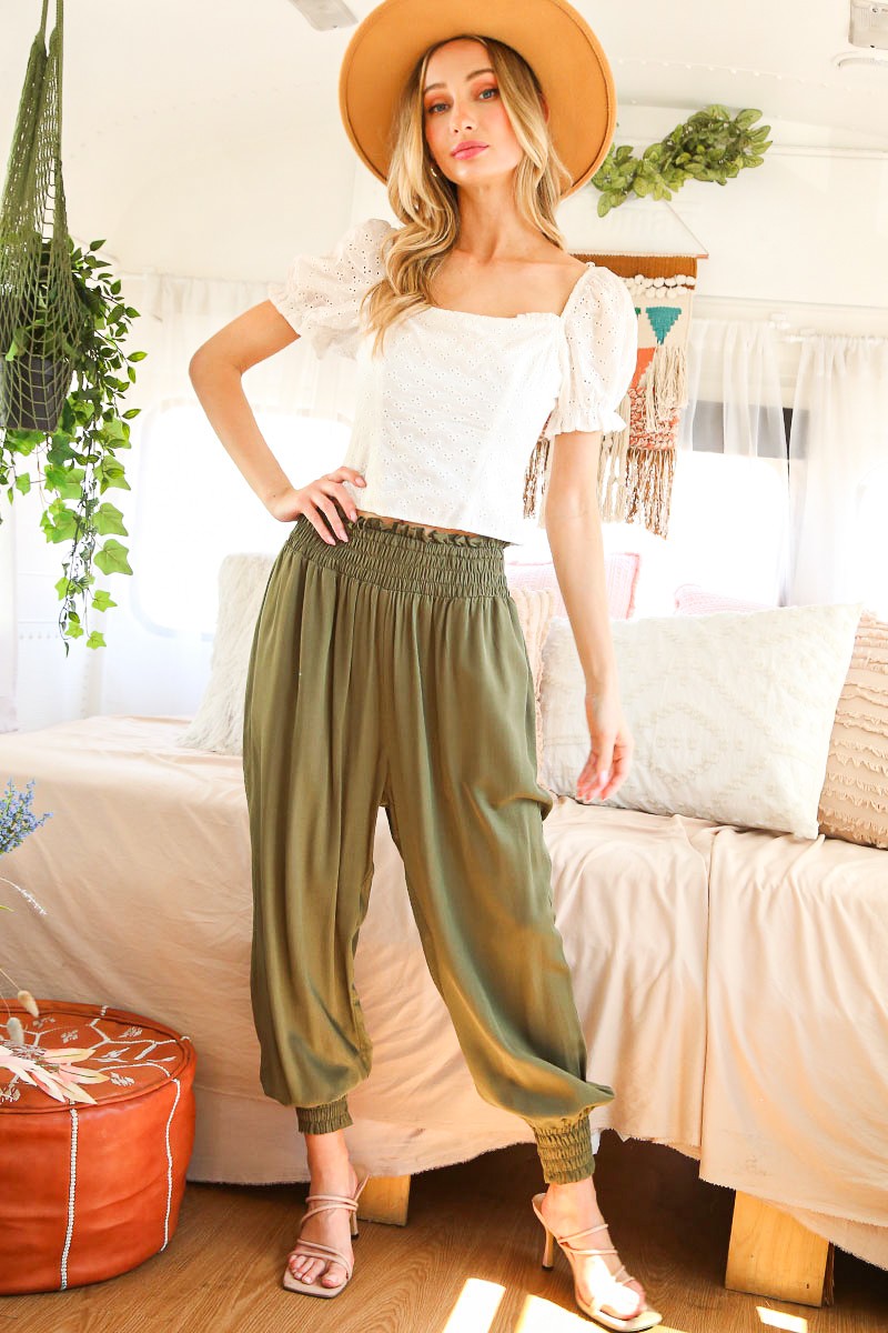 Chic Soft Woven Harem Relaxed Fit Pants- Olive