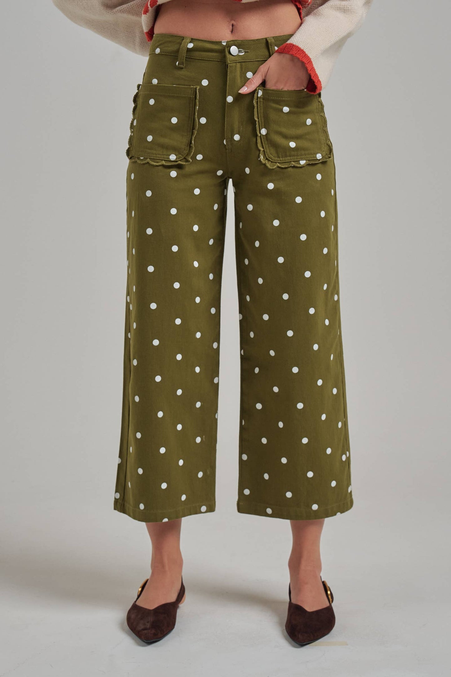 Mid Rise Polka Dot Wide Leg Pant - Olive