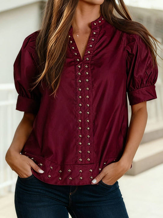 Rivet Embellished V Neck Short Puff Sleeve Blouse