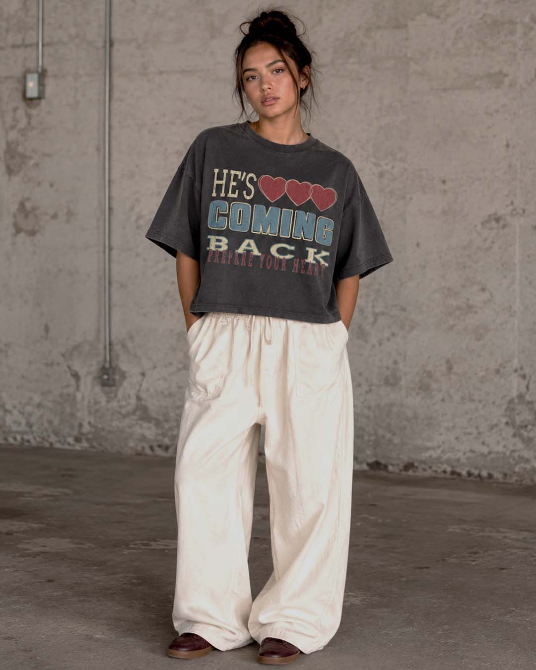"He's Coming Back" Crop Tee - Vintage Black