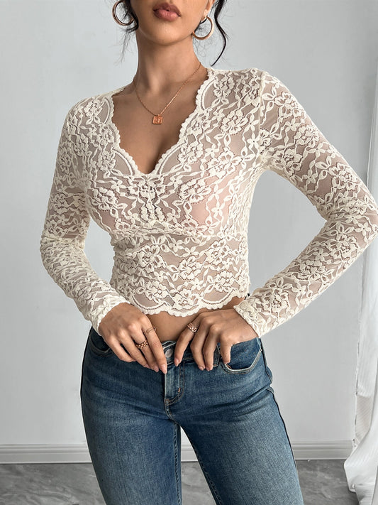 Lace V Neck Long Sleeve