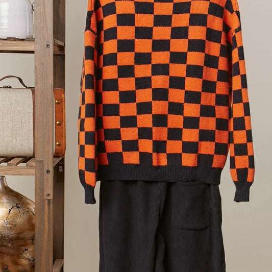 Checkerboard V-Neck Cardigan with Reaper Patch