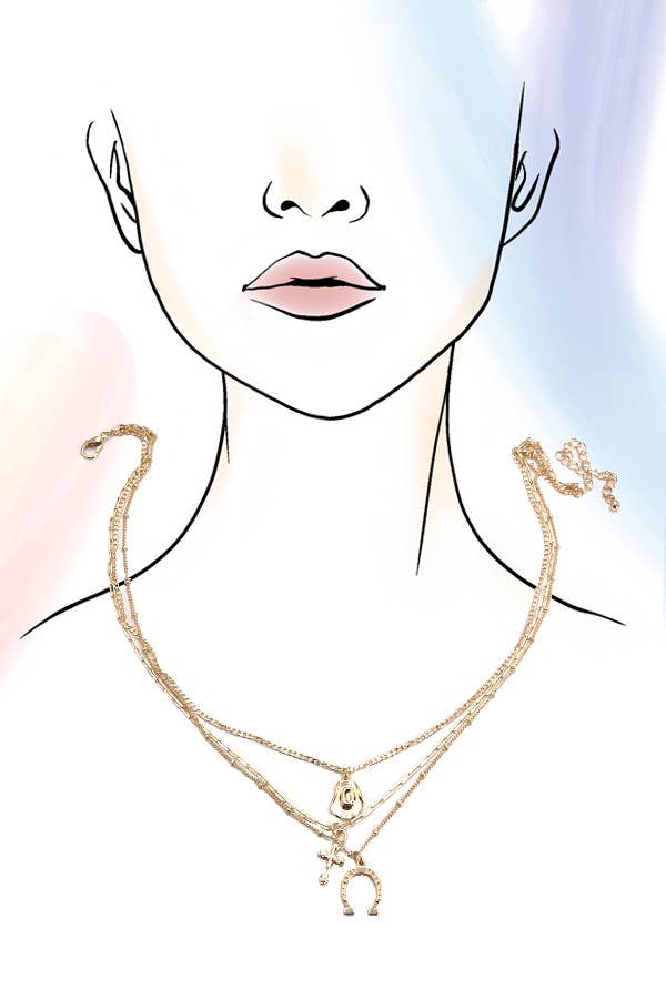 Trio Layer Horseshoe Cross Charm Necklace