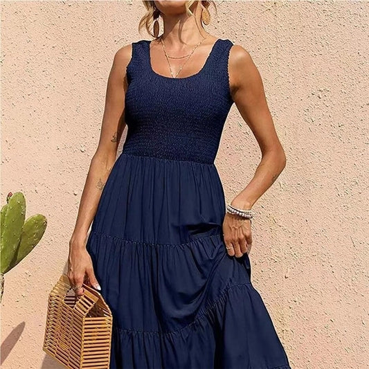 Solid Color Pleated Halter Swing Dress