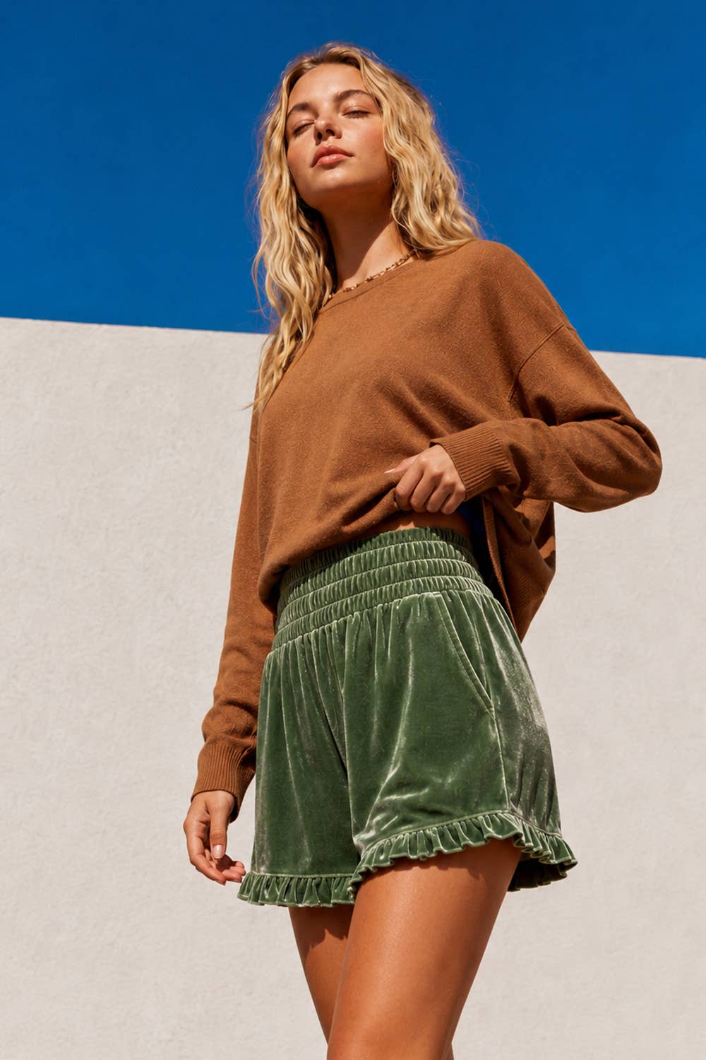 High-Waist Ruffle Velour Shorts with Pockets