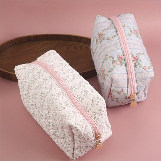 Floral Quilted Cotton Cosmetic Pouch