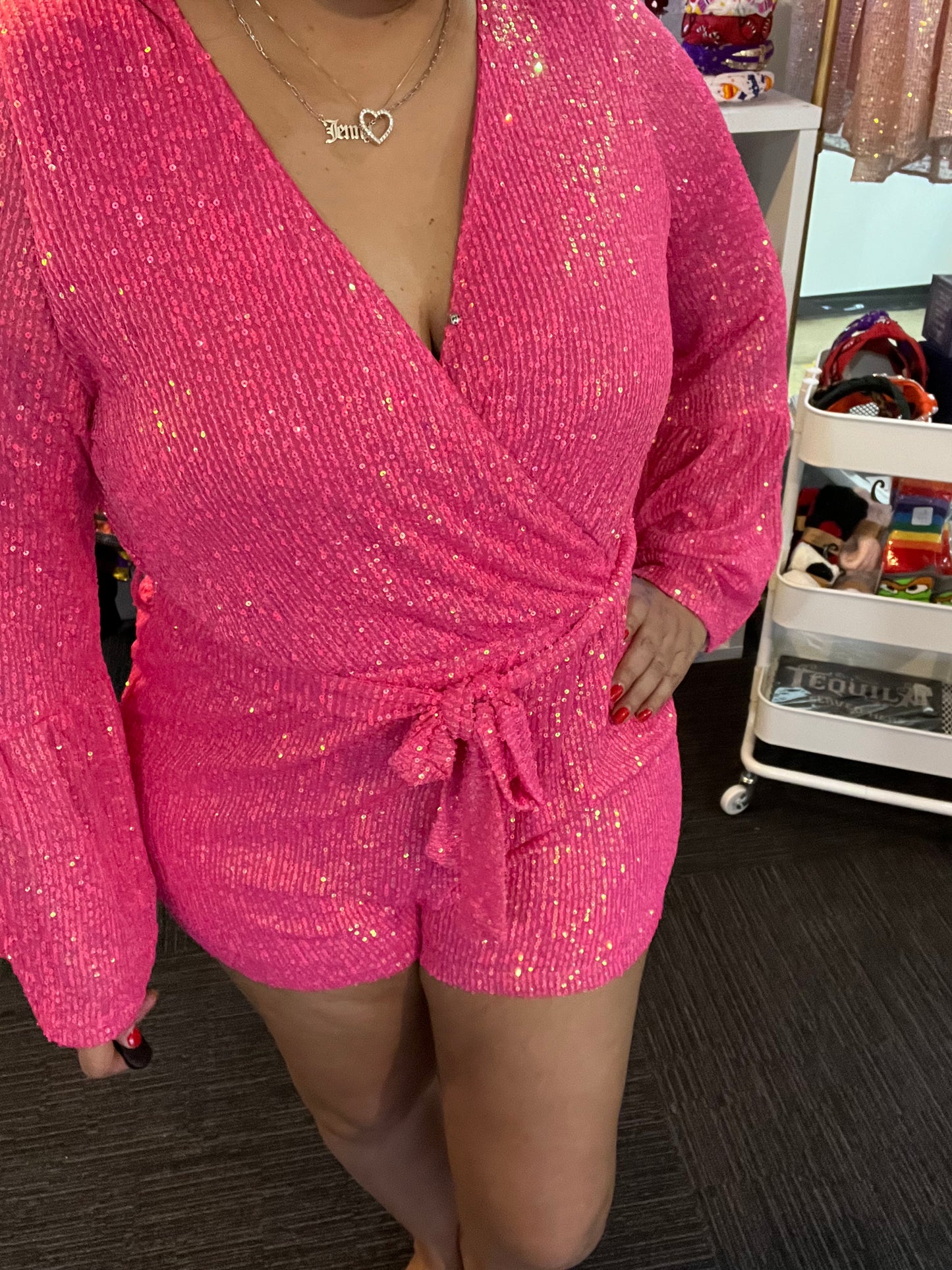 Pretty in Pink Sequin Belted Romper