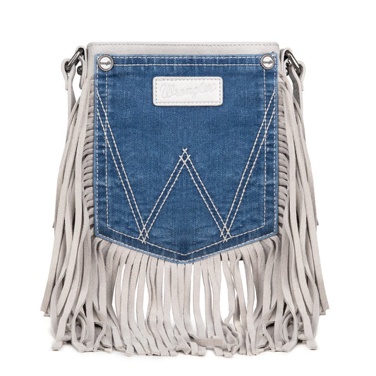 Wrangler Leather Fringe Jean Denim Pocket Crossbody