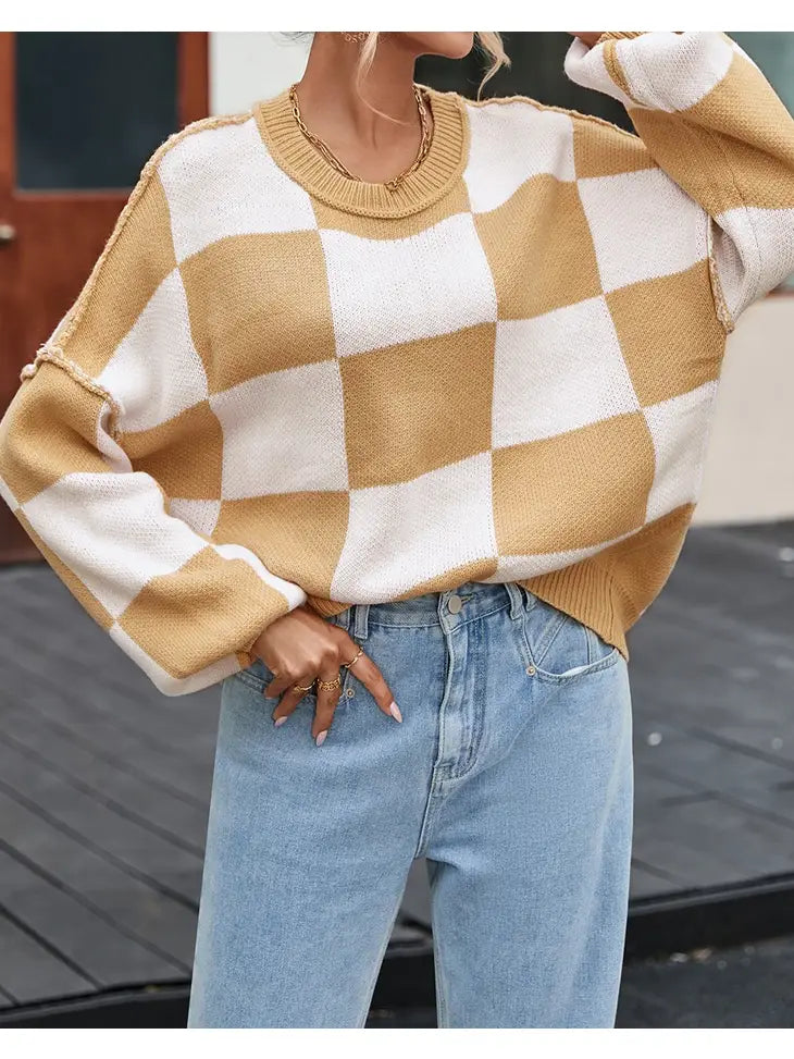 Checker Seam Exposed Crewneck Sweater