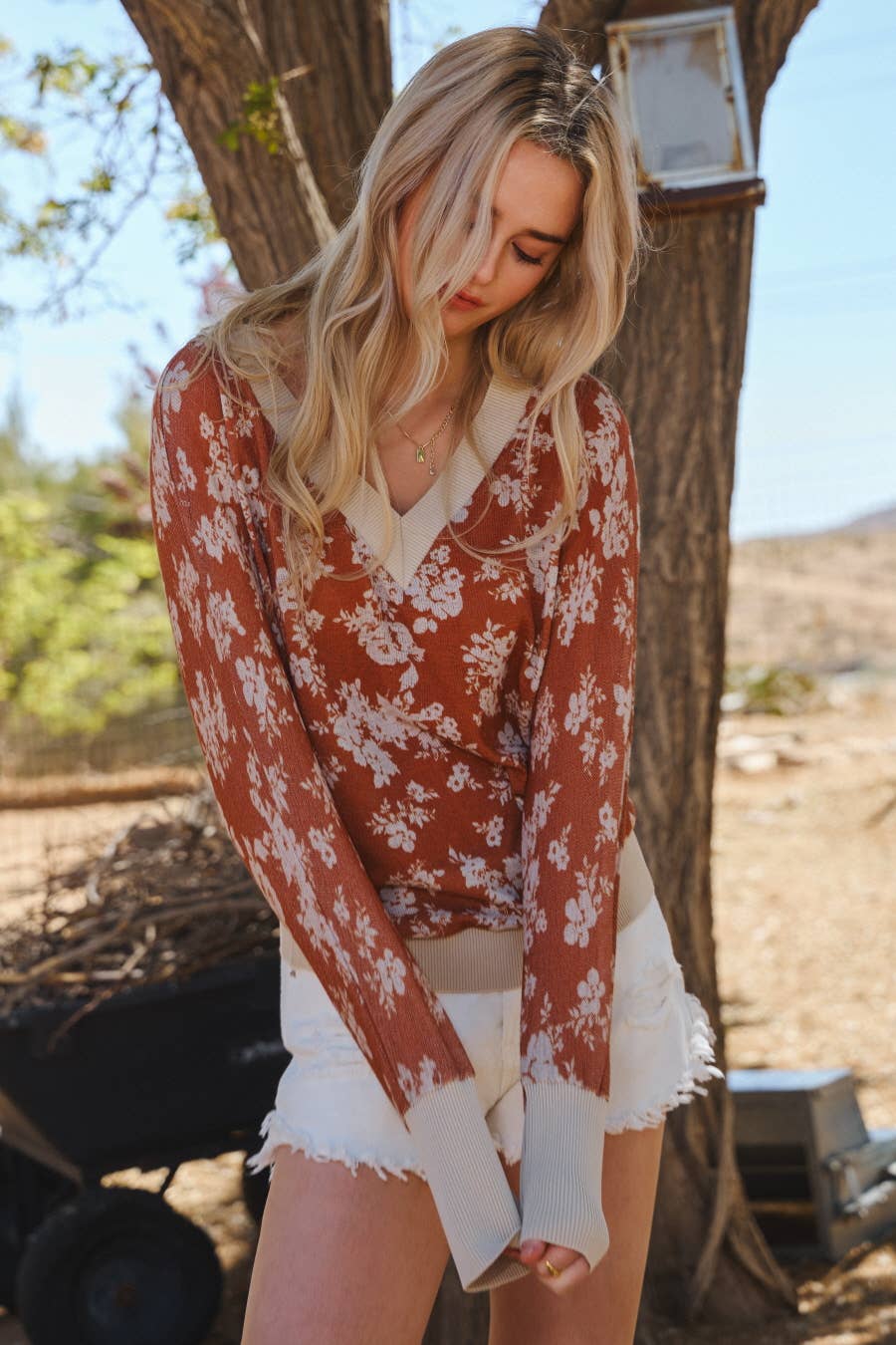 Curvy Floral Knit Top - Terra Cotta