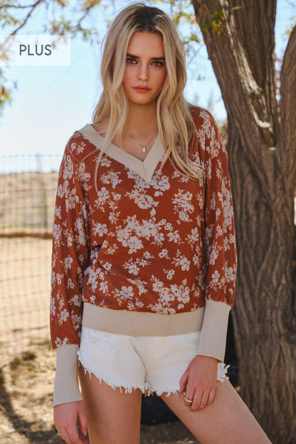 Curvy Floral Knit Top - Terra Cotta