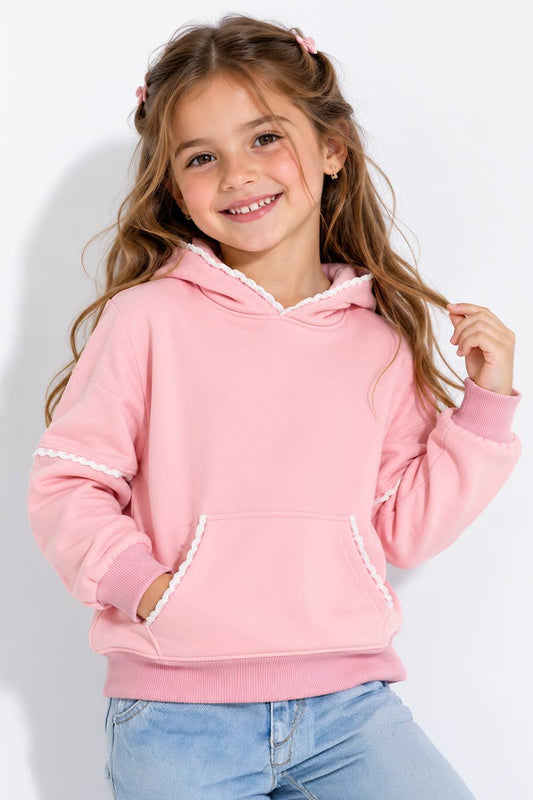 Rose Girl's Pullover Hoodie w/ Crochet Trim Pink