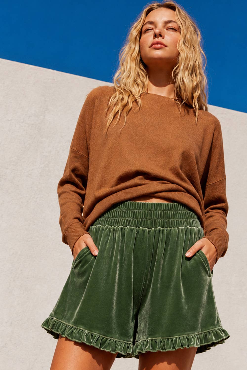 High-Waist Ruffle Velour Shorts with Pockets