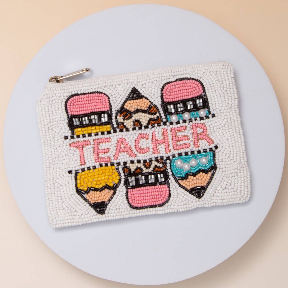 Teacher Pencil Seed Beaded Coin Bag with Pearl Accents