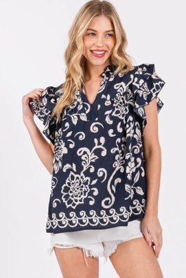 Navy Floral Ruffled V-Neck Blouse