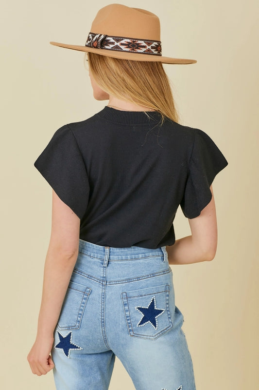 Ruffle Sleeve Basic Light Knit Top