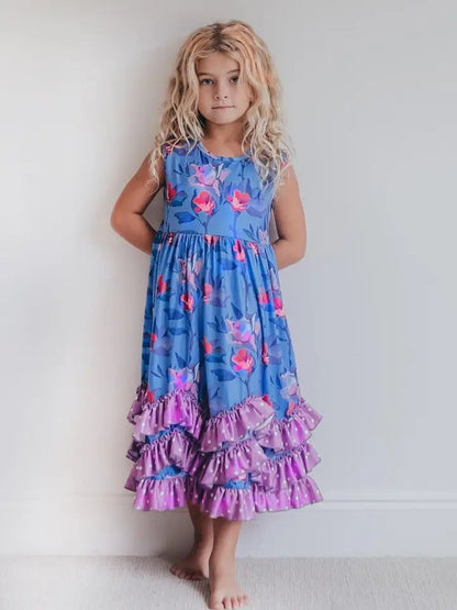 WH Kids Lavender Floral 3 Ruffle Dress