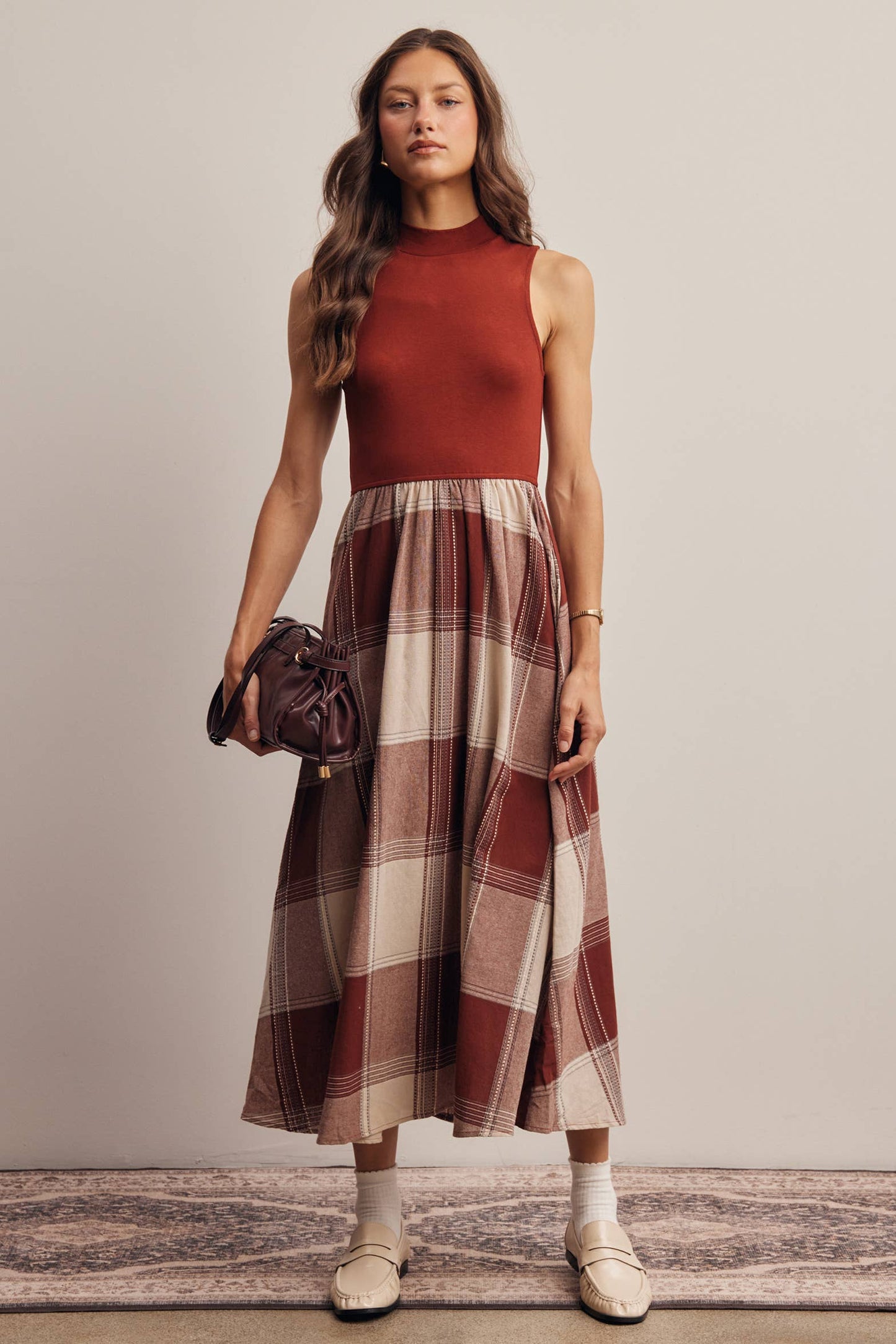 Mock Neck Mixed Plaid Midi