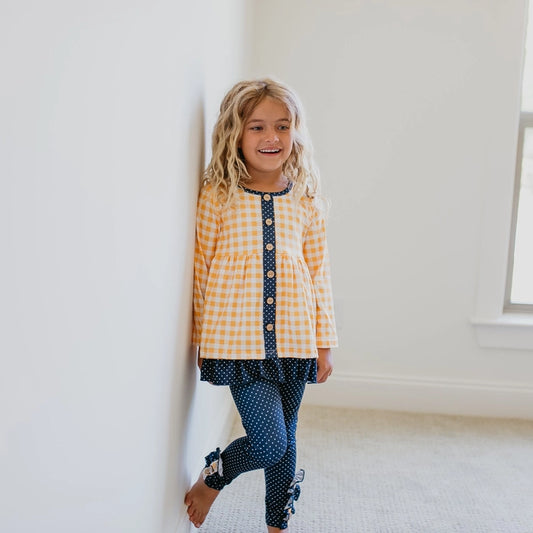 WH Kids Navy & Mustard Gingham Check Button Pocket Pant Set Girls