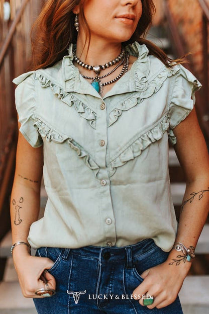Curvy Mint Concho Button Down Ruffle Vintage Shirt - L&B