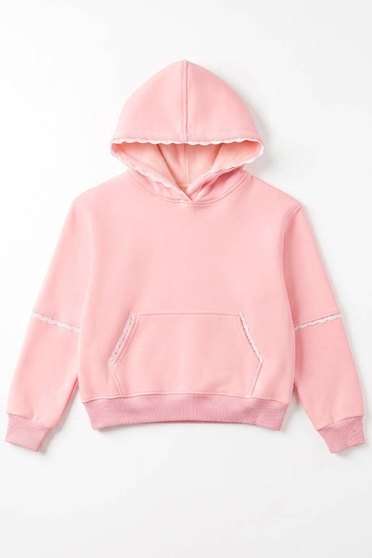Rose Girl's Pullover Hoodie w/ Crochet Trim Pink