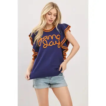 Ruffle Sleeve Varsity Gameday Knit Top - NAVY