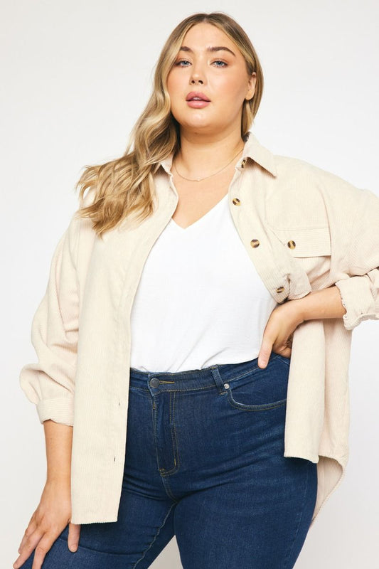 Solid Corduroy Long Sleeve Shacket - Curvy