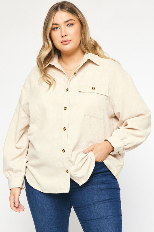 Solid Corduroy Long Sleeve Shacket - Curvy