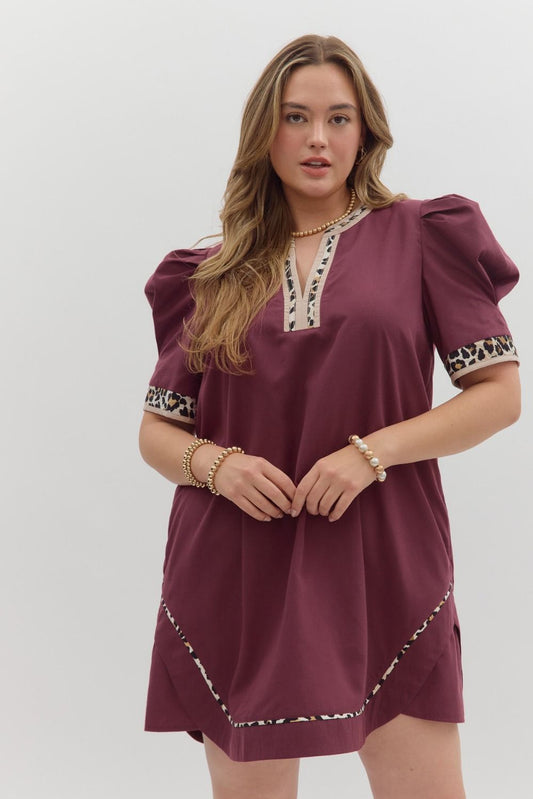 Solid Pleated Puff Sleeve Mini - Curvy