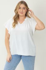 Solid V Neck Flutter Sleeve Top - Curvy