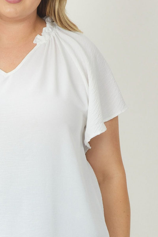 Solid V Neck Flutter Sleeve Top - Curvy