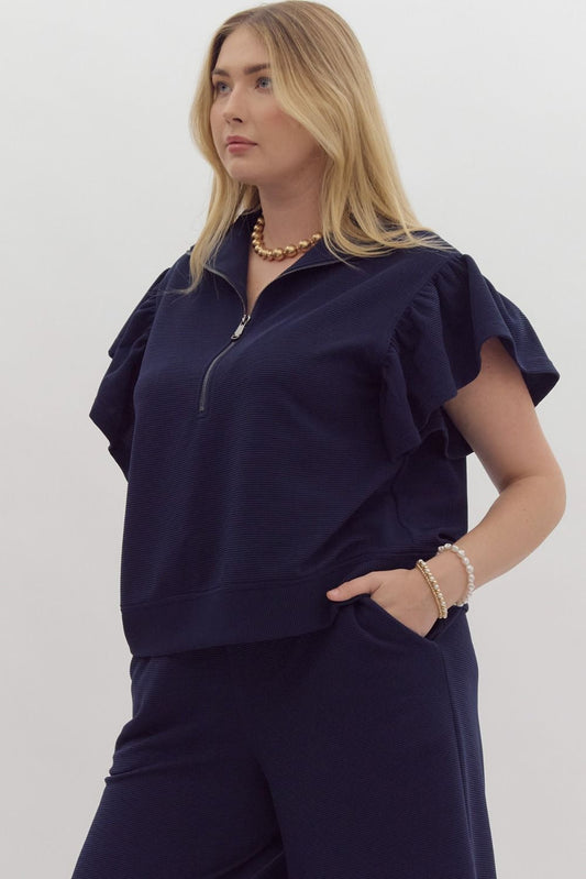 Textured Solid Ruffle Sleeve Top - Curvy
