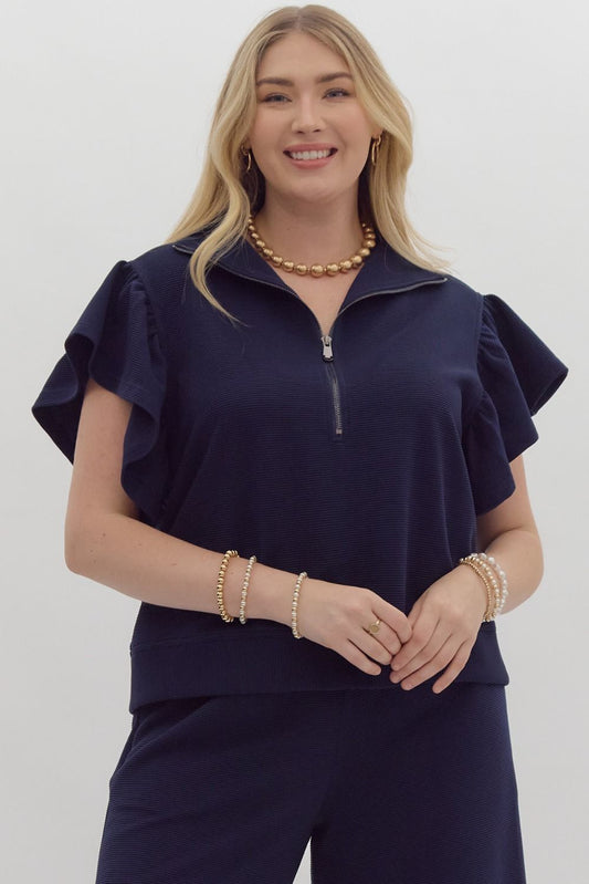 Textured Solid Ruffle Sleeve Top - Curvy