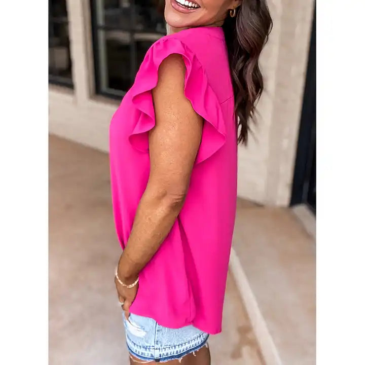 Pretty in Pink Ruffle Short Sleeve Blouse