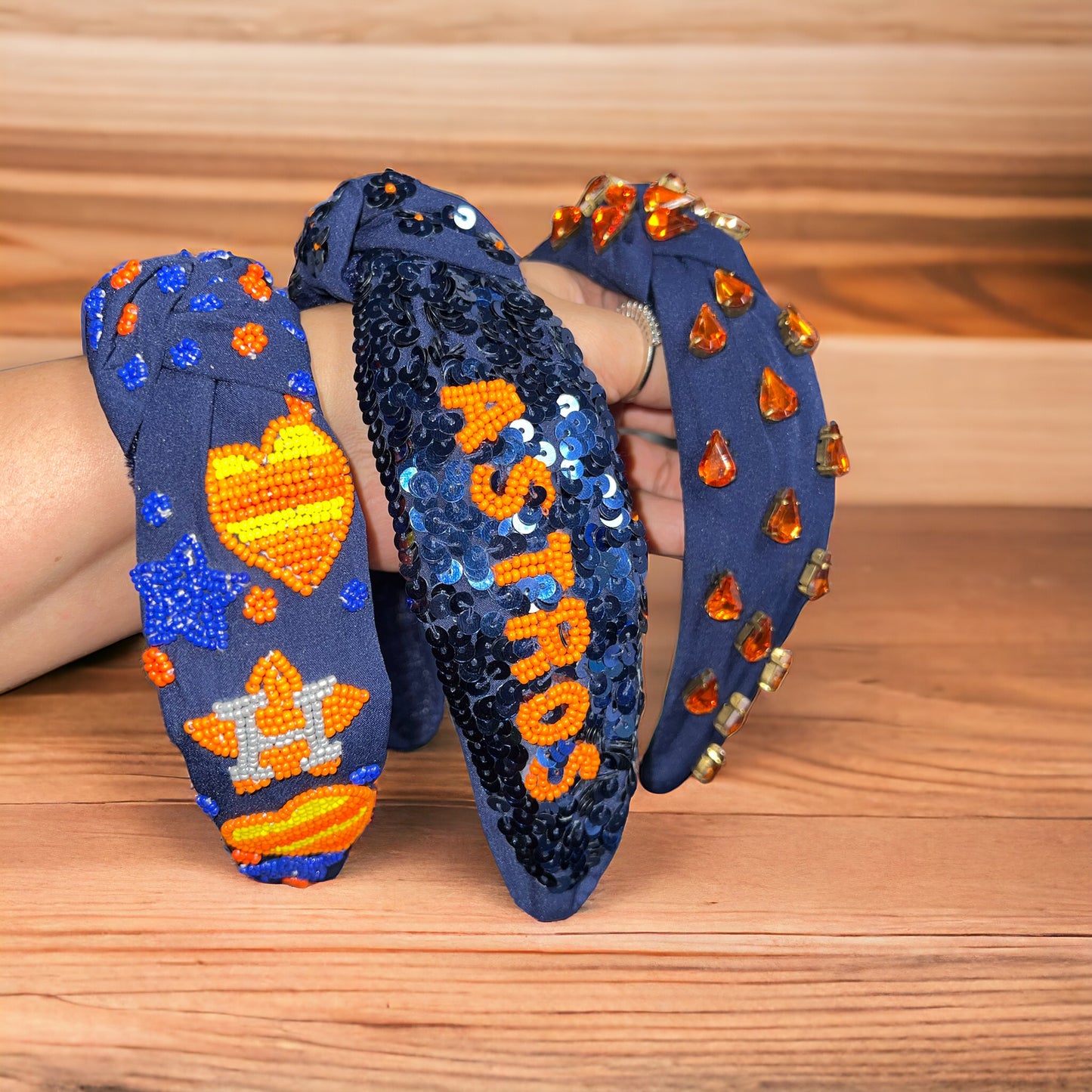 Navy Blue Embellished Knotted Headband - Orange