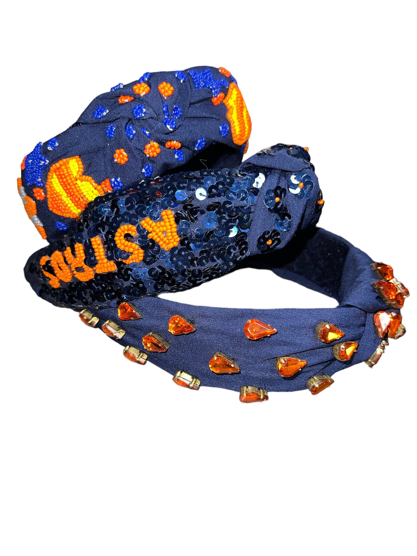 Navy Blue Embellished Knotted Headband - Orange