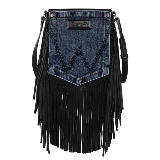 Wrangler Leather Fringe Jean Denim Pocket Crossbody