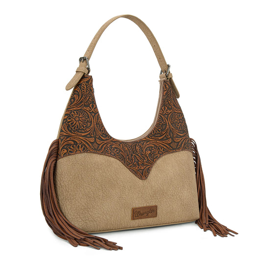 Wrangler Fringe Floral Tooled Hobo Bag - Brown -Tan