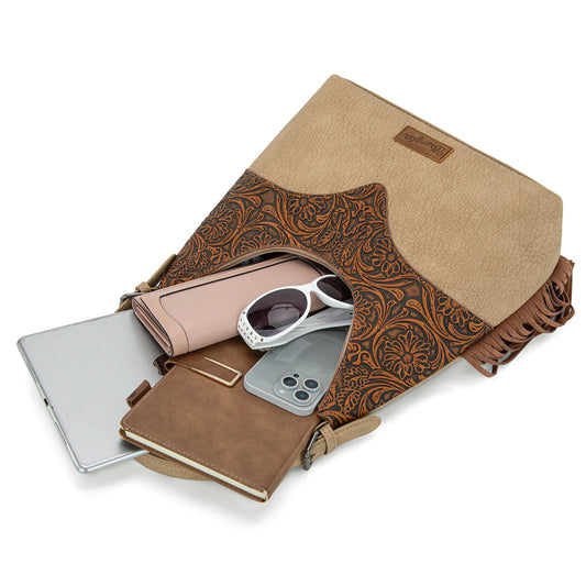 Wrangler Fringe Floral Tooled Hobo Bag - Brown -Tan