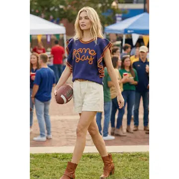 Ruffle Sleeve Varsity Gameday Knit Top - NAVY